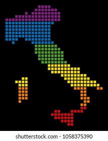 A pixel LGBT pride Italy Map for lesbians, gays, bisexuals, and transgenders. Vector homosexual tolerance geographic map in LGBT flag colors on a white background.