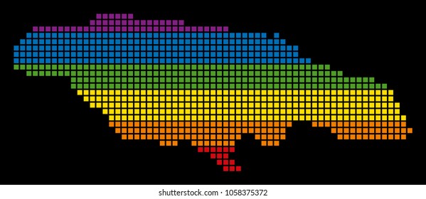 A pixel LGBT pride Jamaica Map for lesbians, gays, bisexuals, and transgenders. Vector homosexual tolerance geographic map in LGBT flag colors on a white background.