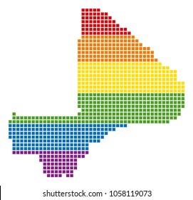 A pixel LGBT pride Mali Map for lesbians, gays, bisexuals, and transgenders. Vector homosexual tolerance geographic map in LGBT flag colors on a white background.