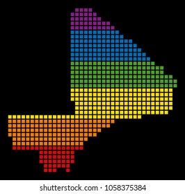 A pixel LGBT pride Mali Map for lesbians, gays, bisexuals, and transgenders. Vector homosexual tolerance geographic map in LGBT flag colors on a white background.