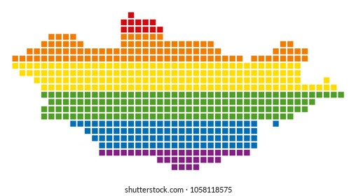 A pixel LGBT pride Mongolia Map for lesbians, gays, bisexuals, and transgenders. Vector homosexual tolerance geographic map in LGBT flag colors on a white background.