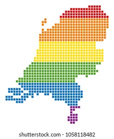 A pixel LGBT pride Netherlands Map for lesbians, gays, bisexuals, and transgenders. Vector homosexual tolerance geographic map in LGBT flag colors on a white background.