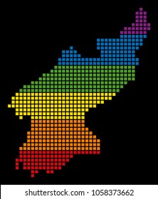 A pixel LGBT pride North Korea Map for lesbians, gays, bisexuals, and transgenders. Vector homosexual tolerance geographic map in LGBT flag colors on a white background.