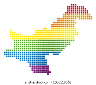 A pixel LGBT pride Pakistan Map for lesbians, gays, bisexuals, and transgenders. Vector homosexual tolerance geographic map in LGBT flag colors on a white background.