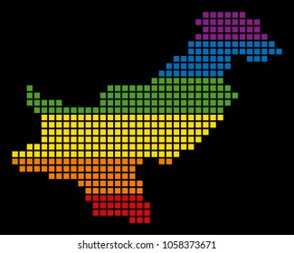 A pixel LGBT pride Pakistan Map for lesbians, gays, bisexuals, and transgenders. Vector homosexual tolerance geographic map in LGBT flag colors on a white background.