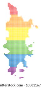 A pixel LGBT pride Phuket Map for lesbians, gays, bisexuals, and transgenders. Vector homosexual tolerance geographic map in LGBT flag colors on a white background.