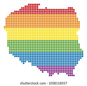 A pixel LGBT pride Poland Map for lesbians, gays, bisexuals, and transgenders. Vector homosexual tolerance geographic map in LGBT flag colors on a white background.