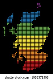 A pixel LGBT pride Scotland Map for lesbians, gays, bisexuals, and transgenders. Vector homosexual tolerance geographic map in LGBT flag colors on a white background.
