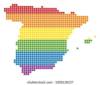 A pixel LGBT pride Spain Map for lesbians, gays, bisexuals, and transgenders. Vector homosexual tolerance geographic map in LGBT flag colors on a white background.
