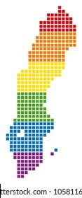 A pixel LGBT pride Sweden Map for lesbians, gays, bisexuals, and transgenders. Vector homosexual tolerance geographic map in LGBT flag colors on a white background.
