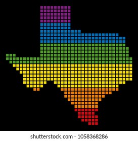 A pixel LGBT pride Texas Map for lesbians, gays, bisexuals, and transgenders. Vector homosexual tolerance geographic map in LGBT flag colors on a white background.