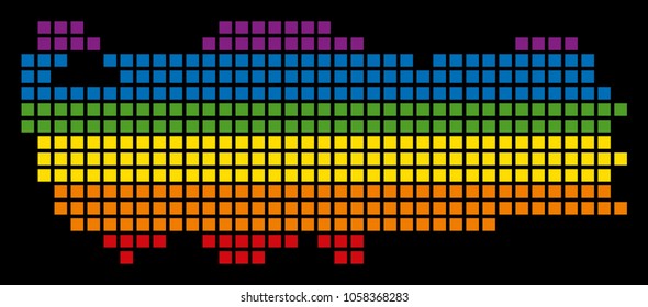 A pixel LGBT pride Turkey Map for lesbians, gays, bisexuals, and transgenders. Vector homosexual tolerance geographic map in LGBT flag colors on a white background.