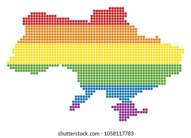 A pixel LGBT pride Ukraine Map With Crimea for lesbians, gays, bisexuals, and transgenders. Vector homosexual tolerance geographic map in LGBT flag colors on a white background.