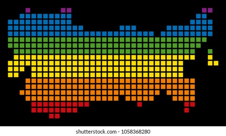 A pixel LGBT pride USSR Map for lesbians, gays, bisexuals, and transgenders. Vector homosexual tolerance geographic map in LGBT flag colors on a white background.