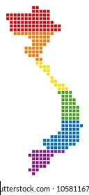 A pixel LGBT pride Vietnam Map for lesbians, gays, bisexuals, and transgenders. Vector homosexual tolerance geographic map in LGBT flag colors on a white background.