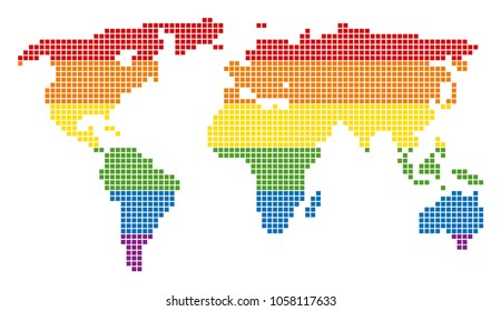 A pixel LGBT pride World Map for lesbians, gays, bisexuals, and transgenders. Vector homosexual tolerance geographic map in LGBT flag colors on a white background.