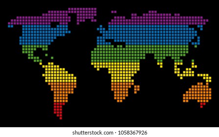 A pixel LGBT pride World Map for lesbians, gays, bisexuals, and transgenders. Vector homosexual tolerance geographic map in LGBT flag colors on a white background.