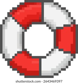 Pixel lifebuoy vector, designed with a retro, 8-bit aesthetic. Excellent for safety themes, rescue services, maritime designs, gaming elements, or any vintage water-related project.
