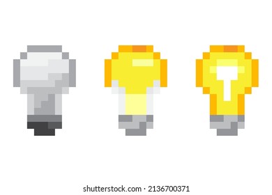 Pixel light bulb in pixel art style. Creative design. Electric power. Business solution concept. Vector illustration. stock image.