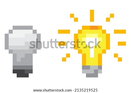 Pixel light bulb in pixel art style. Creative design. Electric power. Business solution concept. Vector illustration. stock image. 