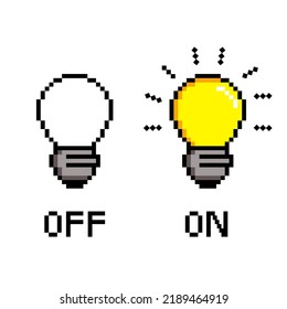 pixel light bulb, on off switch, 8 bit, white background symbol of thought