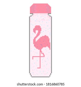 Die hellrosa Glitter-Flasche hat ein rosafarbenes Oberteil. Die Flasche zeigt einen rosa Flamingo auf