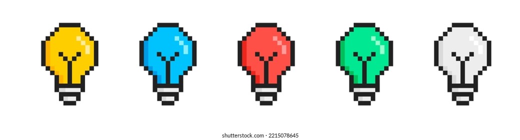 Pixel lightbulb collection. Game element. Pixel light bulb. Idea lamp icon set. EPS 10.