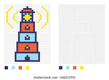 Pixel lighthouse in the coloring page with numbered squares, vector illustration