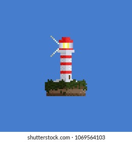 Pixel lighthouse.retro graphic art.80s style.8 bit vector illustration.