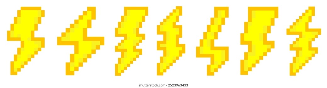 Ícones de raio em pixels definidos. Tempestade, queda de raio. Gráficos de pixel de 8 bits.
Ilustração vetorial.
