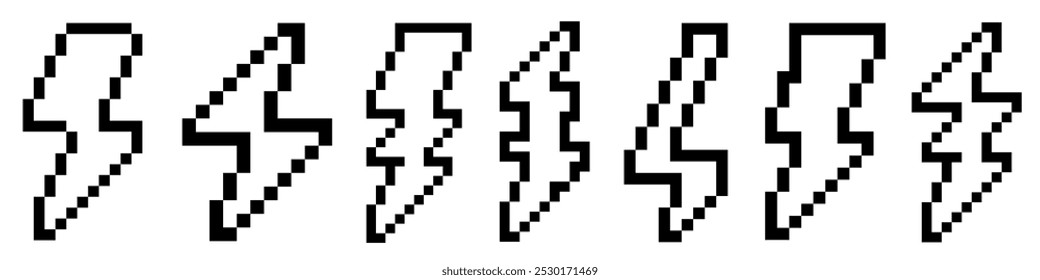 Ícones de raio em pixels definidos. Tempestade, queda de raio. Gráficos de pixel de 8 bits.
Ilustração vetorial.
