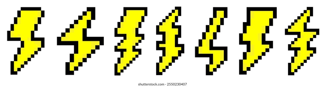 Ícones de raio em pixels definidos. Tempestade, queda de raio. Gráficos de pixel de 8 bits.
Ilustração vetorial.
