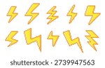 Pixel lightning. Thunderbolt 2D yellow icons, battery electric charge 8bit symbol. Flash speed lightening y2k emoji. Energy vintage pixelated sign. Hazard warning, danger vector isolated pictogram.