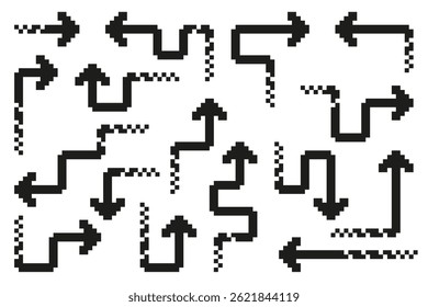 Pixel line arrow in different directions. Vector illustration on isolated background.