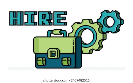pixel line art of briefcase with 3D writing of hire and gear in back, metaphor of mechanism of job hiring and vacancies. Can be used for web, website, landing page, apps, print, flyers, advertising
