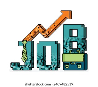 pixel line art illustration of 3d word of job with briefcase under, tie and rising arrow showing growth in career. metaphor of hiring. Can be used for ads, website, web, flyer, brochure, advertisement