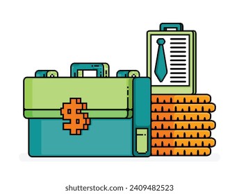 pixel line art illustration of 3d dollar safety briefcase with stack of coins. a metaphor for hiring in financial or banking. Can be used for ads, websites, flyer, brochures of  job vacancy and hiring