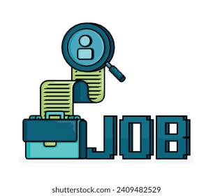 pixel line art illustration of briefcase with job 3d text on the side. magnifying glass looking for candidates. Can be used for ads, websites, flyers, brochures of  job vacancy and hiring