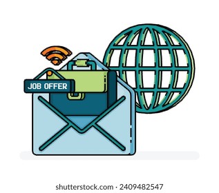 pixel line art illustration of briefcase out of email metaphor of job offer and hiring. search for vacancies on internet. Can be used for ads, websites, flyers, brochures of  job vacancy and hiring
