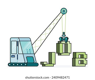 pixel line art illustration of crane lifting 3d world of JOB. job vacancies or hiring in building and construction industry. Can be used for ads, website, web, flyer, brochure, advertisement, poster