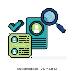 pixel line art illustration of hiring employees with a magnifying glass to select candidate. Can be used for web, website, landing page, apps, print, flyer, brochure, advertising, marketing, promotion