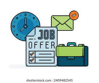 pixel line art of job offer document checklist with time and email for notification. metaphor of hiring offer. Can be used for web, website, landing page, apps, flyers, brochures, advertising, ads