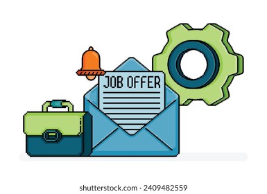 pixel line art of open email with job offer letter and notification, briefcase and gear wheel for metaphor of hiring offer. Can be used for web, website, landing page, apps, flyers, brochures, ads