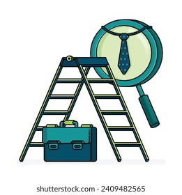 pixel line art of stairs with briefcase and magnifying glass on a tie. climbing career ladder and position in job vacancies. Can be used for ads, website, web, flyer, brochure, advertisement, ads