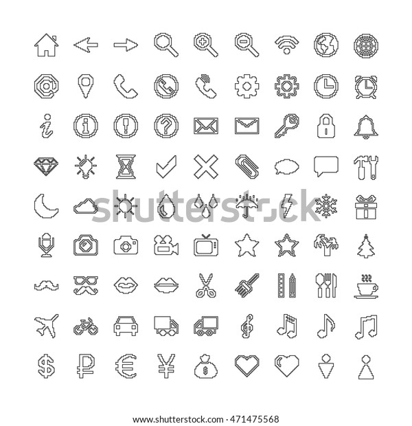 Pixel line icons set: internet, web, weather\
currency transport