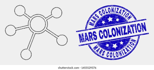 Pixel links mosaic icon and Mars Colonization seal stamp. Blue vector round distress watermark with Mars Colonization phrase. Vector combination in flat style.