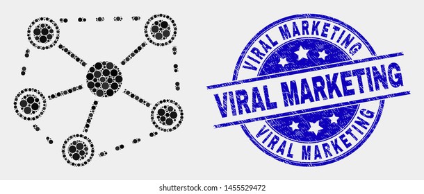 Pixel links mosaic icon and Viral Marketing seal stamp. Blue vector round grunge stamp with Viral Marketing title. Vector combination in flat style. Black isolated links mosaic of randomized circles,