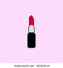 Pixel lipstick on the rose background. Vector illustration.