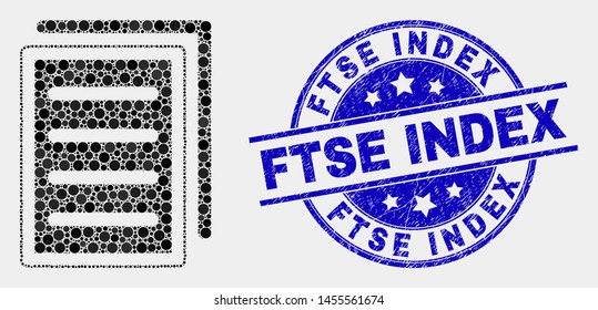 Pixel list page mosaic icon and Ftse Index seal stamp. Blue vector round scratched seal with Ftse Index message. Vector combination in flat style. Black isolated list page mosaic of scattered spheres,