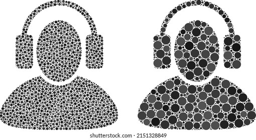 Pixel listen headphones icon. Mosaic listen headphones icon constructed from round items in different sizes and color variations. Vector round items are united into mosaic listen headphones icon.